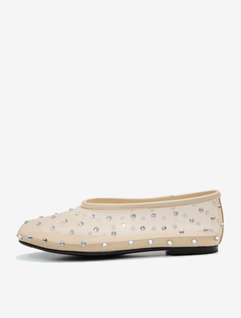 ライト アプリコットレディース バレエ フラット メッシュ ラインストーン スタッズ付き ラウンドトゥ バレリーナ フラット シューズ