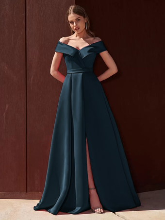 ダークネイビーイブニングドレス Aライン オフショルダー トレーン付き ノースリーブ ジッパー プリーツ サテン生地 フォーマル パーティードレス