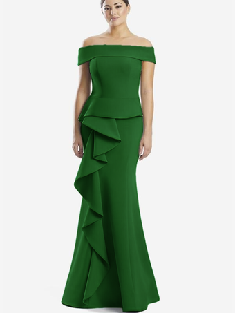グリーン マザードレス オフショルダー ノースリーブ マーメイドフリル 結婚式のゲストドレス