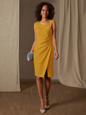 イエローマザードレス デザインネックライン ノースリーブ Aライン プリーツ ウェディングゲストドレス