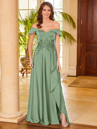 パステルグリーンブライダルマザードレス Vネック ノースリーブ スプリットフロント Aライン ゲストドレス 結婚式用