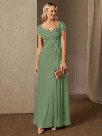 パーティードレス 花嫁の母用 Vネック 半袖 Aライン レース ウェディングゲストドレス