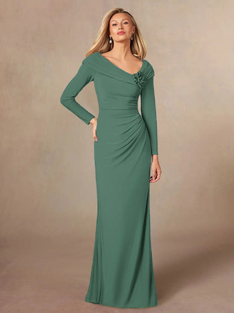 グリーン 花嫁の母親のためのパーティードレス Vネック 長袖 マーメイド プリーツ フロアレングス ウェディングゲストドレス