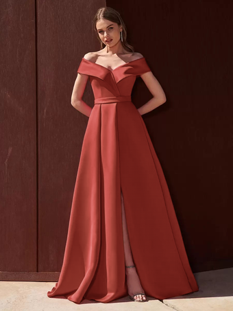 ブリックレッドイブニングドレス Aライン オフショルダー トレーン付き ノースリーブ ジッパー プリーツ サテン生地 フォーマル パーティードレス
