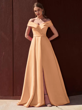 ピーチイブニングドレス Aライン オフショルダー トレーン付き ノースリーブ ジッパー プリーツ サテン生地 フォーマル パーティードレス