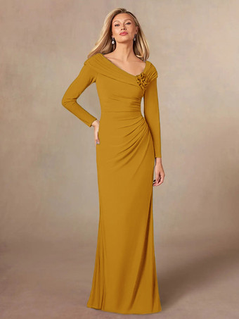 イエロー花嫁の母親のためのパーティードレス Vネック 長袖 マーメイド プリーツ フロアレングス ウェディングゲストドレス