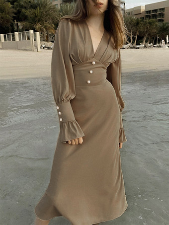 Chiffon Midi Dress V-Neck Lantern Sleeves Buttons Dresses In Solid Color