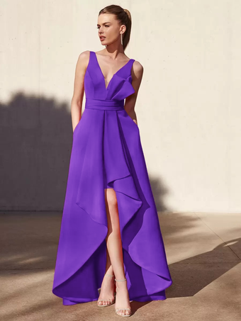 パープル イブニングドレス Aライン Vネック フロアレングス ノースリーブ バックレス プリーツ サテン生地 フォーマル パーティードレス