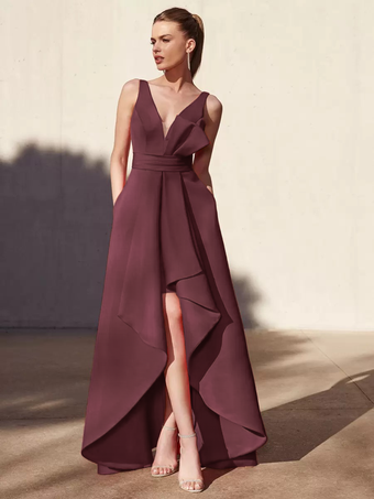 オーバーンイブニングドレス Aライン Vネック フロアレングス ノースリーブ バックレス プリーツ サテン生地 フォーマル パーティードレス