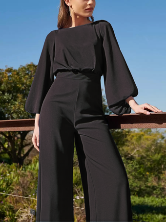 ブラックイブニングドレス ジャンプスーツ ジュエルネック フロアレングス 3/4 丈スリーブ バックレス プリーツ ポリエステル 社交パーティードレス