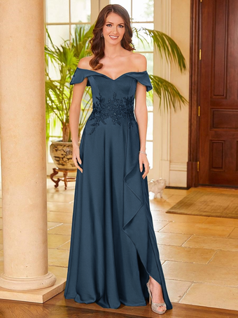 ディープブルーブライダルマザードレス Vネック ノースリーブ スプリットフロント Aライン ゲストドレス 結婚式用