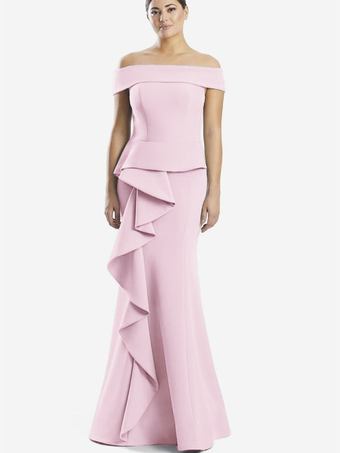 ソフトピンクマザードレス オフショルダー ノースリーブ マーメイドフリル 結婚式のゲストドレス