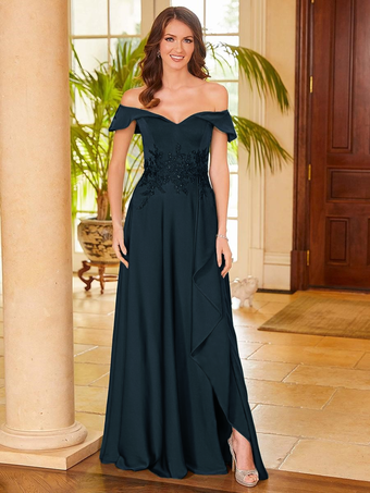 ダークネイビーブライダルマザードレス Vネック ノースリーブ スプリットフロント Aライン ゲストドレス 結婚式用