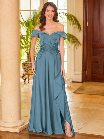 スレートグレー ブライダルマザードレス Vネック ノースリーブ スプリットフロント Aライン ゲストドレス 結婚式用