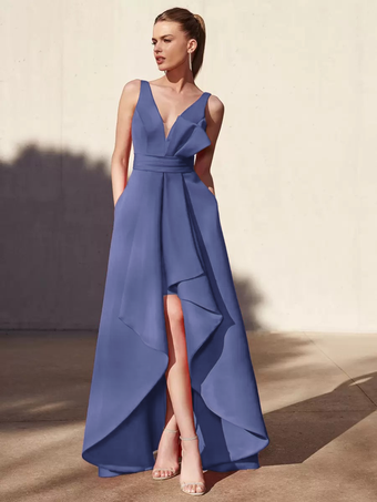 グレーブルーイブニングドレス Aライン Vネック フロアレングス ノースリーブ バックレス プリーツ サテン生地 フォーマル パーティードレス