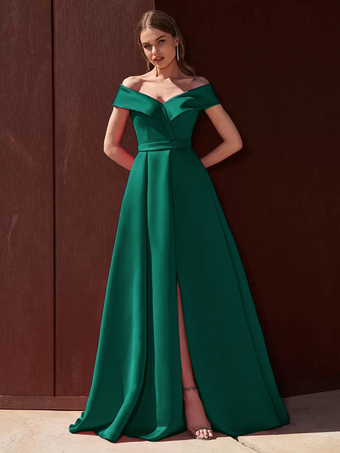グリーン イブニングドレス Aライン オフショルダー トレーン付き ノースリーブ ジッパー プリーツ サテン生地 フォーマル パーティードレス