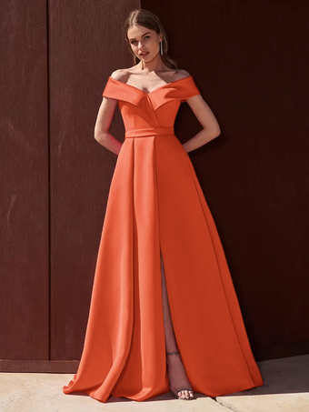 オレンジイブニングドレス Aライン オフショルダー トレーン付き ノースリーブ ジッパー プリーツ サテン生地 フォーマル パーティードレス