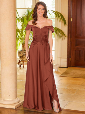 ブリックレッドブライダルマザードレス Vネック ノースリーブ スプリットフロント Aライン ゲストドレス 結婚式用