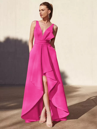 バービーイブニングドレス Aライン Vネック フロアレングス ノースリーブ バックレス プリーツ サテン生地 フォーマル パーティードレス