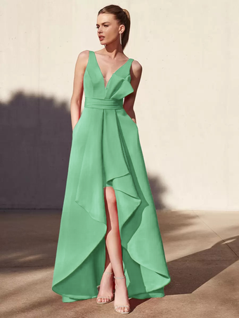 パステルグリーンイブニングドレス Aライン Vネック フロアレングス ノースリーブ バックレス プリーツ サテン生地 フォーマル パーティードレス