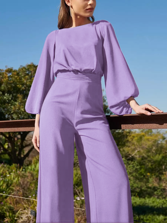 ラベンダーイブニングドレス ジャンプスーツ ジュエルネック フロアレングス 3/4 丈スリーブ バックレス プリーツ ポリエステル 社交パーティードレス