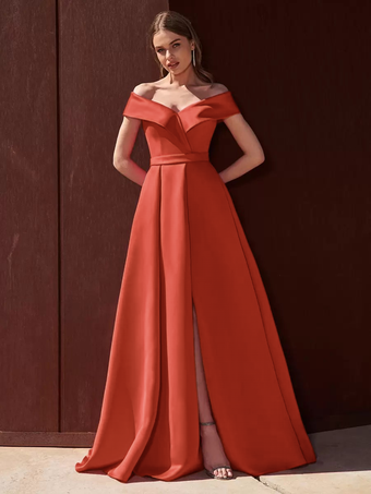 ブリックレッドイブニングドレス Aライン オフショルダー トレーン付き ノースリーブ ジッパー プリーツ サテン生地 フォーマル パーティードレス