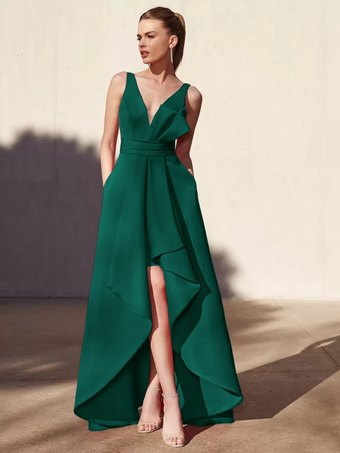 ダークグリーンイブニングドレス Aライン Vネック フロアレングス ノースリーブ バックレス プリーツ サテン生地 フォーマル パーティードレス