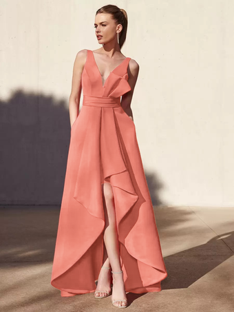 ピーチイブニングドレス Aライン Vネック フロアレングス ノースリーブ バックレス プリーツ サテン生地 フォーマル パーティードレス