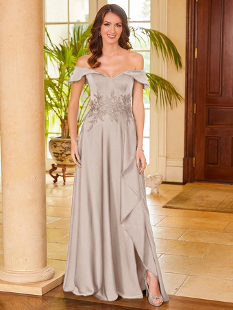 ライトグレーブライダルマザードレス Vネック ノースリーブ スプリットフロント Aライン ゲストドレス 結婚式用