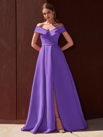ラベンダーイブニングドレス Aライン オフショルダー トレーン付き ノースリーブ ジッパー プリーツ サテン生地 フォーマル パーティードレス