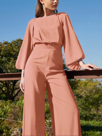 サーモンピンクイブニングドレス ジャンプスーツ ジュエルネック フロアレングス 3/4 丈スリーブ バックレス プリーツ ポリエステル 社交パーティードレス