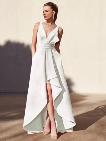 アイボリーイブニングドレス Aライン Vネック フロアレングス ノースリーブ バックレス プリーツ サテン生地 フォーマル パーティードレス