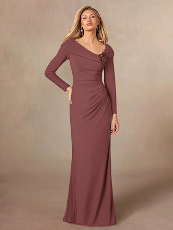 エンバーレッド花嫁の母親のためのパーティードレス Vネック 長袖 マーメイド プリーツ フロアレングス ウェディングゲストドレス