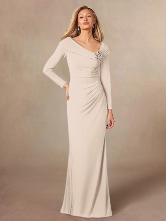 ソフトピンク花嫁の母親のためのパーティードレス Vネック 長袖 マーメイド プリーツ フロアレングス ウェディングゲストドレス