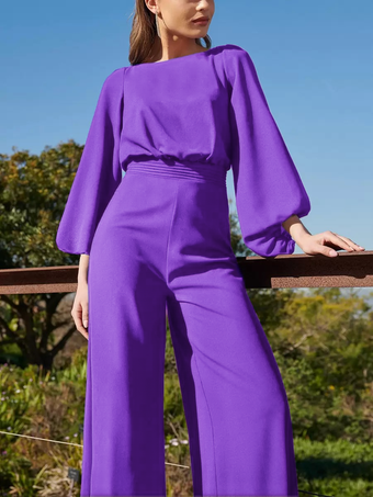 パープル イブニングドレス ジャンプスーツ ジュエルネック フロアレングス 3/4 丈スリーブ バックレス プリーツ ポリエステル 社交パーティードレス