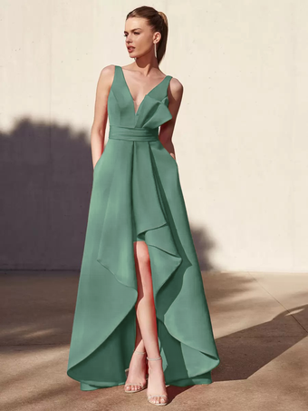 セージグリーンイブニングドレス Aライン Vネック フロアレングス ノースリーブ バックレス プリーツ サテン生地 フォーマル パーティードレス