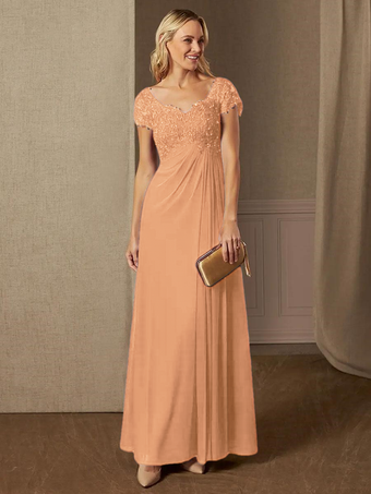 オレンジパーティードレス 花嫁の母用 Vネック 半袖 Aライン レース ウェディングゲストドレス