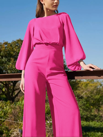 バービーイブニングドレス ジャンプスーツ ジュエルネック フロアレングス 3/4 丈スリーブ バックレス プリーツ ポリエステル 社交パーティードレス