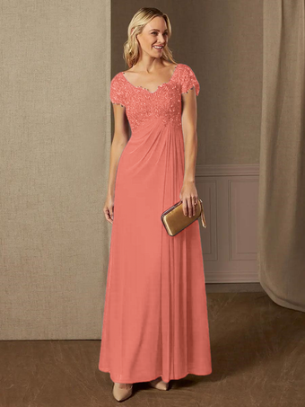 コーラルレッドパーティードレス 花嫁の母用 Vネック 半袖 Aライン レース ウェディングゲストドレス