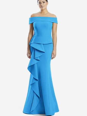 オーシャンブルーマザードレス オフショルダー ノースリーブ マーメイドフリル 結婚式のゲストドレス