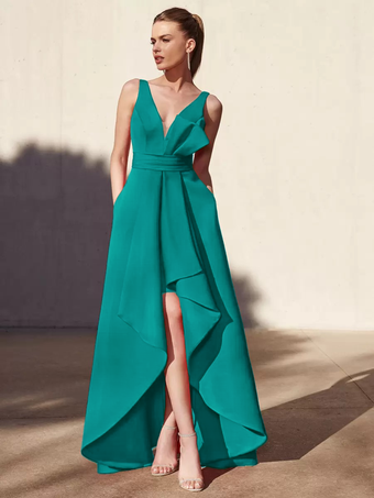 ティールイブニングドレス Aライン Vネック フロアレングス ノースリーブ バックレス プリーツ サテン生地 フォーマル パーティードレス