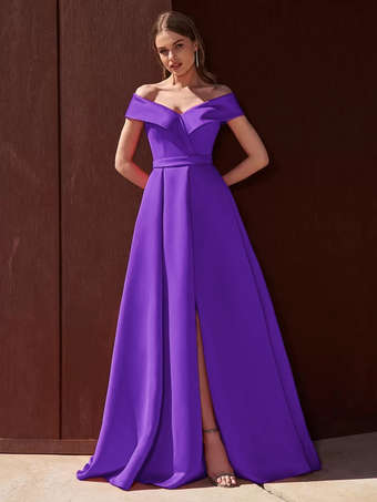 パープル イブニングドレス Aライン オフショルダー トレーン付き ノースリーブ ジッパー プリーツ サテン生地 フォーマル パーティードレス