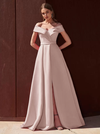 ソフトピンクイブニングドレス Aライン オフショルダー トレーン付き ノースリーブ ジッパー プリーツ サテン生地 フォーマル パーティードレス