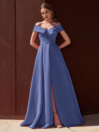 ロイヤパープルイブニングドレス Aライン オフショルダー トレーン付き ノースリーブ ジッパー プリーツ サテン生地 フォーマル パーティードレス