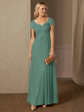ブルーグリーンパーティードレス 花嫁の母用 Vネック 半袖 Aライン レース ウェディングゲストドレス