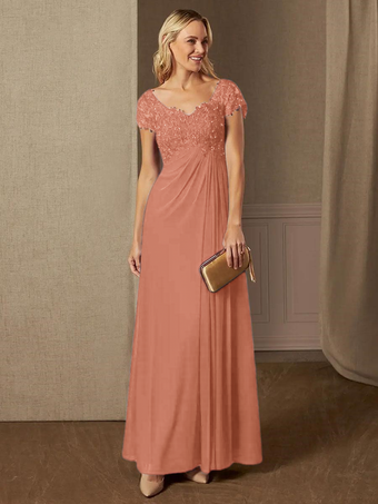 ブリックレッドパーティードレス 花嫁の母用 Vネック 半袖 Aライン レース ウェディングゲストドレス