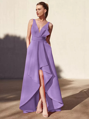 ライラックイブニングドレス Aライン Vネック フロアレングス ノースリーブ バックレス プリーツ サテン生地 フォーマル パーティードレス