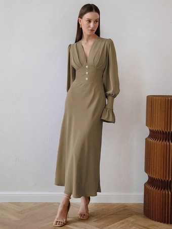Khaki Chiffon Midi Dress V-Neck Lantern Sleeves Buttons Dresses In Solid Color