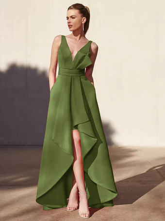 オリーブグリーンイブニングドレス Aライン Vネック フロアレングス ノースリーブ バックレス プリーツ サテン生地 フォーマル パーティードレス