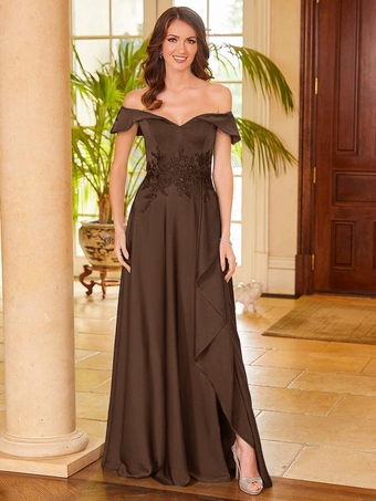 チョコレートブライダルマザードレス Vネック ノースリーブ スプリットフロント Aライン ゲストドレス 結婚式用